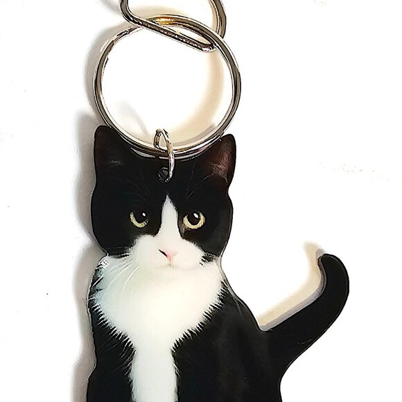 Tuxedo Black White Cat Keychain 2D Acrylic Kitty Key Ring Purse Backpack Charm - Picture 3 of 5